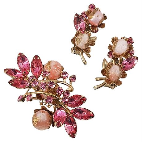 Vintage Pink Rhinestone & Bead Brooch & Clip Earrings Set