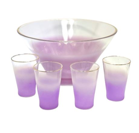 Vtg Blendo Lavender Punch Bowl & 4 Matching Glasses