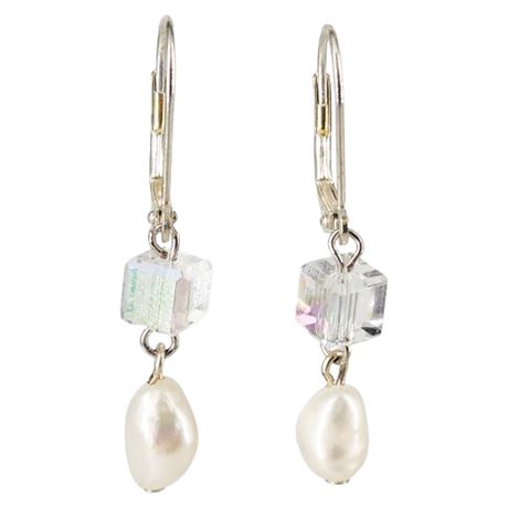 Artisan Made Silver Tone Aurora Crystal & Freshwater Pearl Drop Earrings