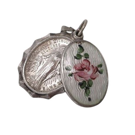 Vintage Sterling Silver Guilloche Sliding Religious Medal Pendant