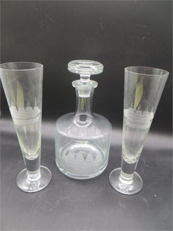 Nautical Etched Decanter & 2 Clipper Pilsner Glasses By Tuscany