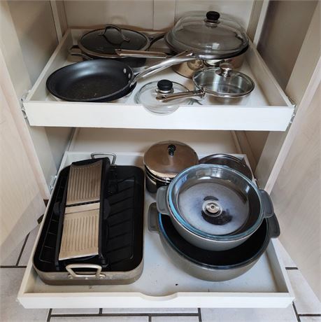 Large Kitchen Cabinet Buyout Lot, Incl. Pots & Pans