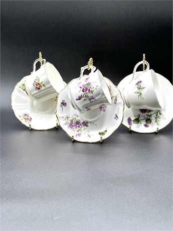 Three Violet Shades Teacups and Stands