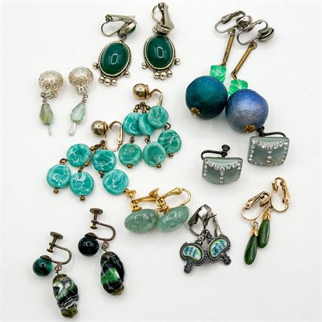 Lot of 9 Pairs Vintage Green & Teal Clip-On Earrings