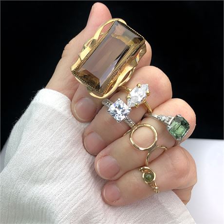 Vintage Jewelry Lot- Rings Smokey Brown Glass, Green Deco, Marquise Solitaire
