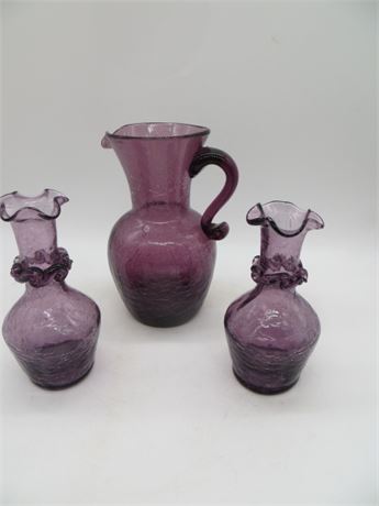 Blenko Amethyst Crackle Glass Pitcher & Amethyst Crackle Glass Vases By Pilgrim
