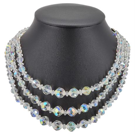 Vintage 3-Strand Faceted Aurora Borealis Crystal Beaded Necklace