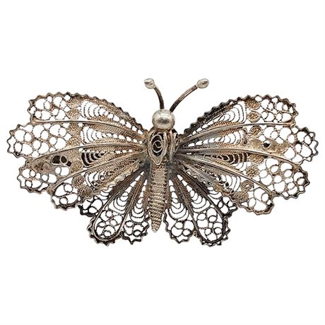 Vintage Italian 800 Silver Filigree 1-7/8" Butterfly Brooch