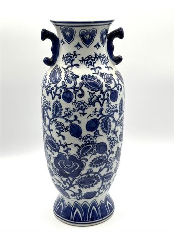 Large 14" Blue & White Asian Vase