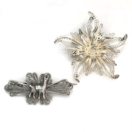 Vintage Sterling Silver Filigree Lama & Flower Brooches