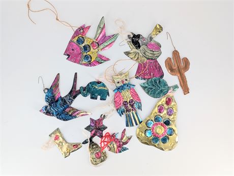 Lot Vtg 11 Mexican Metal Colorful Christmas Ornaments