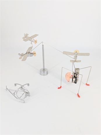 Lot 3 Metal Toys - Airplane Mobile, Walking Wind-up, and Helicopter