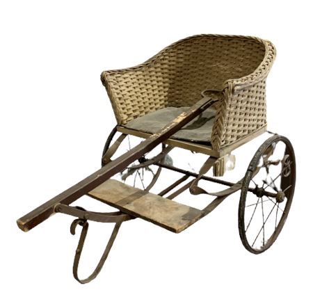 Antique Woven Wicker Child Size Spoke Wheel Pull Cart
