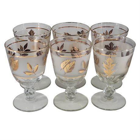 Libbey Frosted Glass Gold Leaf Footed Cordial Glasses - Set of 6