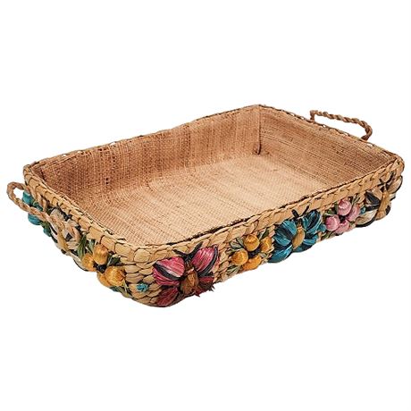 Vintage 12x8 Woven Raffia Butterflies & Flowers Casserole Pan Carrier