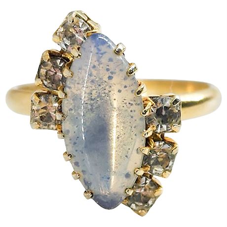 Vintage Gold Tone Opalescent & Rhinestone Ring, Adjustable