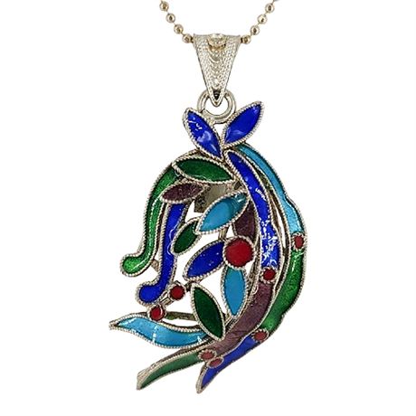 Vintage 850 Silver Enamel Pendant on Sterling Silver Ball Chain Necklace