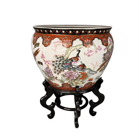 Peacocks and Koi Chinese Large Planter on Stand