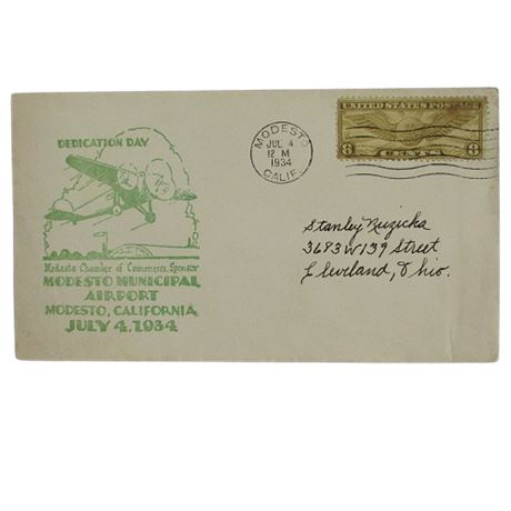 1934 Modesto, California ~ Municipal Airport Dedication ~ Cachet & Postmark
