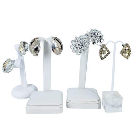 Vintage Lot of 4 Silver Tone Clip On Earrings