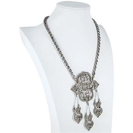 Vintage Silver Tone Renaissance Revival Statement Necklace