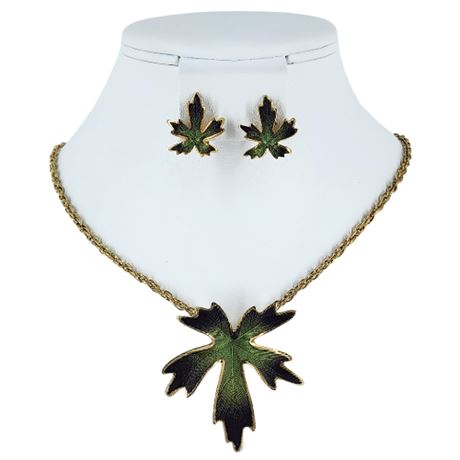 Vintage Matte Enamel Leaves Necklace & Screwback Earrings Set