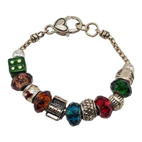 Silver Tone Casino Themed Slide Bead Charm Bracelet
