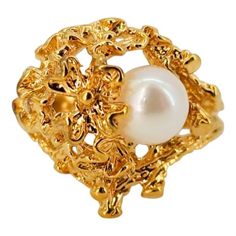 Vtg UNCAS 18KT Gold Plated Genuine Cultured Pearl Ring, Sz 5.5