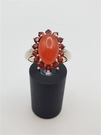 Sterling Carnelian and Red Crystal Ring 4.1 Grams (size 7)