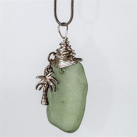 Green Seaglass Necklace with Palm Tree, Silver-tone