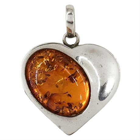 Large Sterling Silver & Genuine Amber Heart Pendant