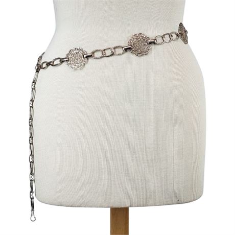 Vtg Silver Tone Chain & Filigree Medallion Belt