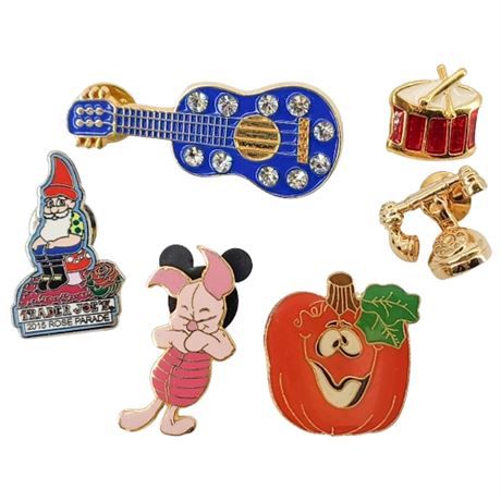 Six Vintage Novelty Lapel Pins incl. DINSEY and AVON