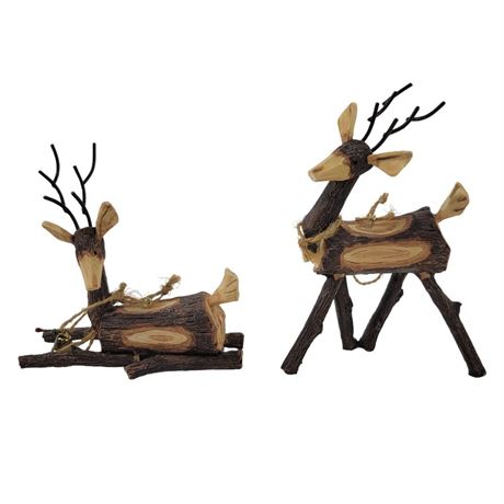 Resin Pine Log Reindeer Ornaments - Set of 2