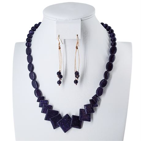Artisan Made Blue Goldstone Beaded Necklace & Earrings Set