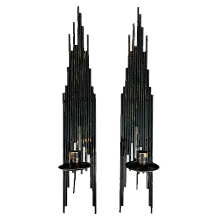 Pair of Mid-Century Brutalist Iron Skyscraper Candle Sconces Wall Art