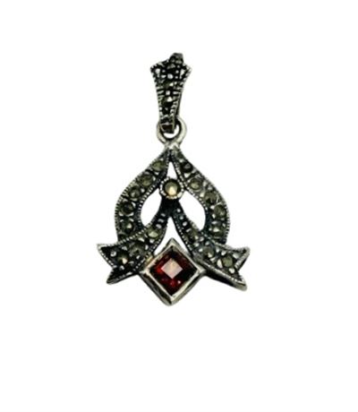 Sterling Silver Marcasite and Ruby Red Glass