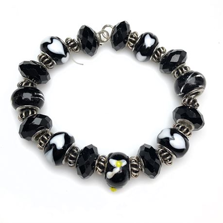 Vintage Black & White with Silver Accent Beaded Bracelet Sterling Clasp
