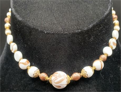 Glass wedding cake gold/white color cased bead necklace