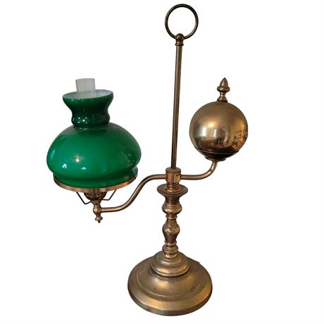 Brass Single-Arm Student Lamp w/Green-Cased Shade