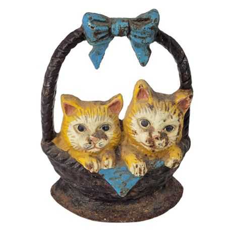 Cast Iron Cats in a Basket Door Stopper