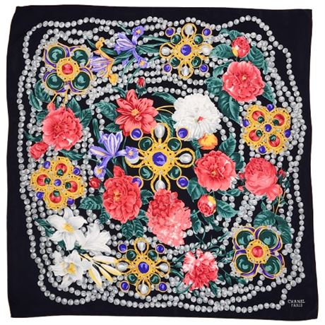 Vintage CHANEL PARIS Pearls & Flowers Silk Scarf
