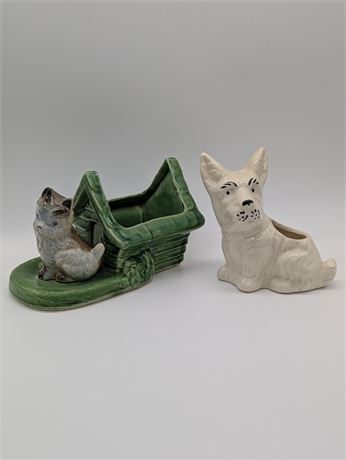Lot Vtg. Dog Planters Shawnee Pottery + Scottie SCOTTISH TERRIER White Westie
