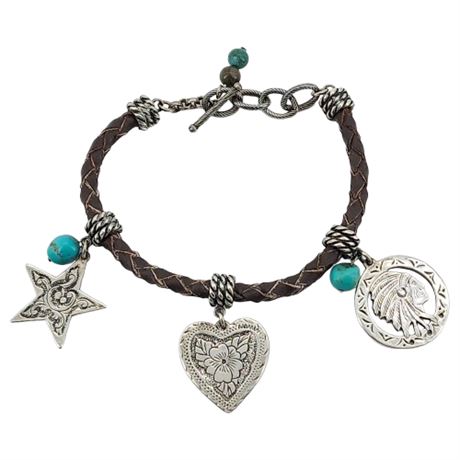 Signed CAROLYN POLLACK RELIOS Sterling Silver & Braided Leather Bracelet