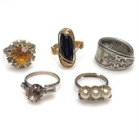 Vintage Ring Lot- Amber Rhinestone, Silver Plate Spoon Ring, Wire Wrapped