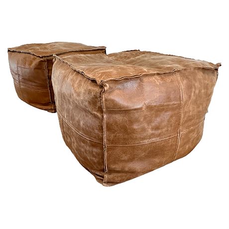 Pair Moroccan Leather Poufs
