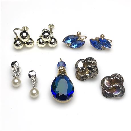 Vintage Blue Rhinestone Earring & Pendant, Lisner Earring & Faux Pearl