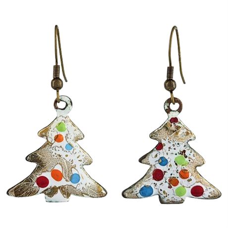 Vintage Handmade Copper Enamel Christmas Tree Earrings