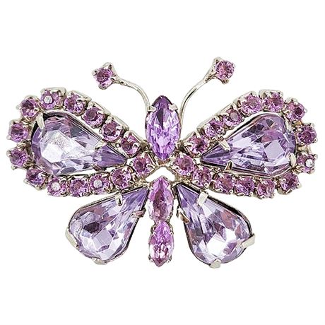 Vtg Prong Set Lavender Rhinestone Butterfly Brooch