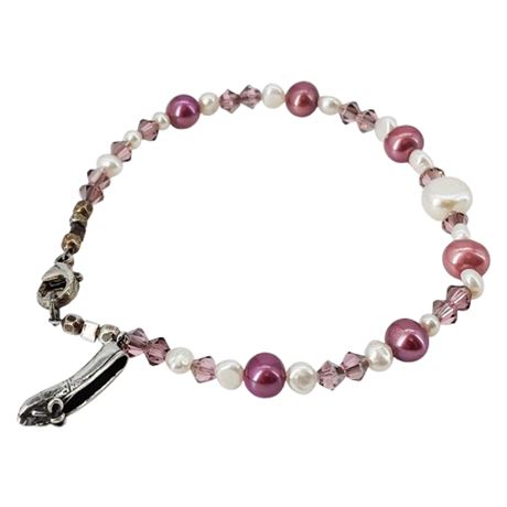 Artisan Made Genuine Freshwater Pearl Bracelet w/ Sterling Silver Ballet Slipper